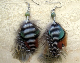 Short Feather Earrings - Beaded Feather Earrings, Feather Jewelry - Dew Drops