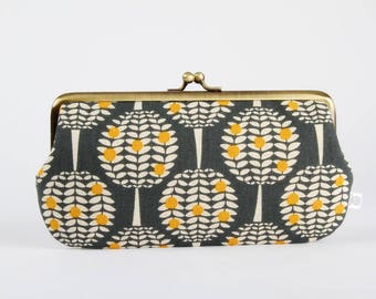 Frame purse with two sections - Citrus trees in charcoal - Wowlet / Kisslock wallet / Japanese fabric / Ellen Baker / Gray yellow