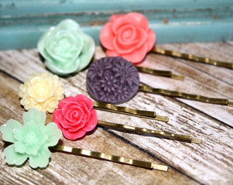 Flower Hair Pins, Hair Accessories, Flower Cabochon, Flower Hair Pin, Set of 6 Bobby Pin