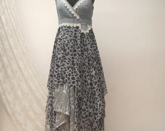Boho dnim dress, hippie upcycled dress, reworked Folk dress, bohemian dress, boho, gypsy dress, reworked dress ,upcycled clothes
