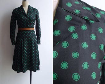 Vintage 70's Green Polka Dot Fit & Flare Black Dress XXS or XS