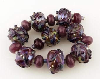 Glass Lampwork Bead Set, Iridescent Purple, Blue, Green