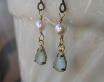 Brass dangle earrings, moonstone glass, freshwater pearl, vintage glass, soft green