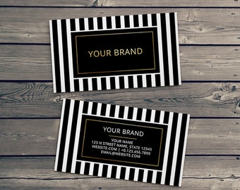 Gold Foil Business Card Template - faux gold foil and striped design front and back modern business cards
