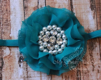 Teal Sparkle Couture Chiffon Ruffle Flower with Pearls & Rhinestones- Baby Headband- Girl Headband- Baby Girl Headband