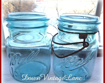 2 SHABBY Blue Ball Ideal Jars PINT Size