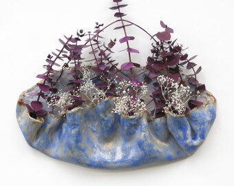 Blue Ceramic Wall Pocket Organic Clay Wall Vessel Pottery Art Wall Vase Rustic Wall Hanging
