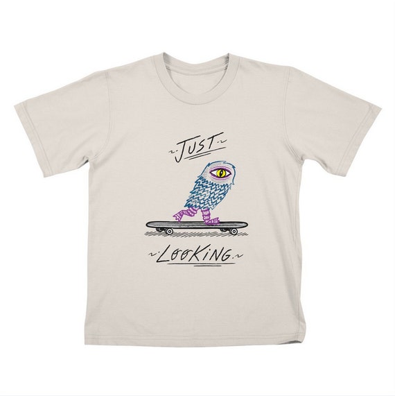 JUST LOOKING - Childrens / Kids T-shirt / Tee - Skateboarding Monster - White / Stone / Powder Blue by Oliver Lake iOTA iLLUSTRATION