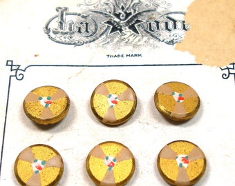Adorable French BUTTONS, 1900s painted metal with tiny flowers, LaMode, unused. Original card.