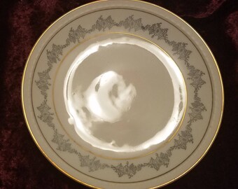 Vintage Upsala Ekeby Karlskrona KP Sweden Accent Salad Dessert Plate White Gray Floral Gold Trim Swedish Modern