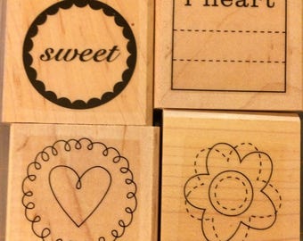 Stampin Up SWEET ON YOU 2006 Retired Set of 4 wood mounted stamps sweet I heart flower journal