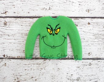 Mean One Sweater, Elf Sweater, Elf clothes, Elf attire, Christmas, Mischevious Elf, Scout Elf, Doll clothes, Doll sweater 12" doll clothes