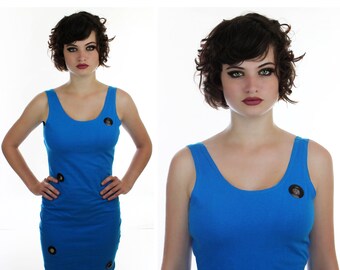 90s Spandex Dress Vintage Bandage 90s Blue Bodycon With Metal Rivet Cut Out Holes Detail S M Small Medium