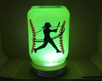 Softball Gift, Girls Softball Gifts, Softball Night Light, Softball Decor, Glittered Mason Jar Light, Swing For theFences