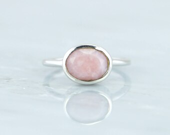 October Birthstone Ring, Pink Opal Ring, Opal Jewelry, Raw Stone Jewelry, Sterling Silver Ring, Oval Ring, Gemstone Ring, Stackable Ring
