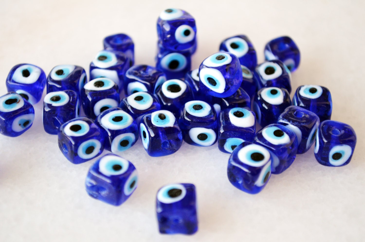Cubic Dice Evil Eye Cube Beads Blue 10mm Lampwork Glass Beads
