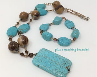 Vintage turquoise jewelry set necklace bracelet turquoise Magnesite Chunky Turquoise Necklace Boho Womens Jewelry