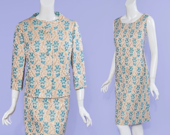 L/XL 60s The Style Shop of Wilmington, NC gold & teal brocade dress + jacket