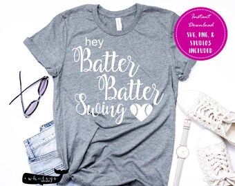 Hey Batter Batter Swing SVG, PNG, and Studio3 files. Great file to make that perfect shirt for a day out at the ballpark!