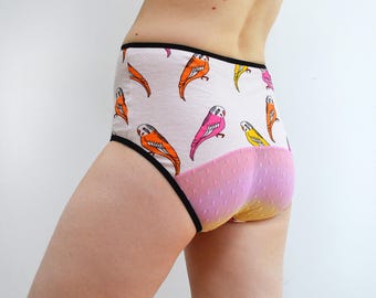 Panties with birds budgies and mesh rainbow panel