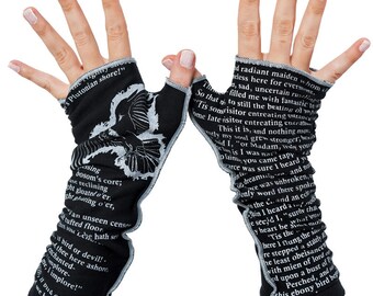 The Raven Writing Gloves - Fingerless Gloves, Arm Warmers, Edgar Allan Poe, Literary, Book Lover, Books, Reading