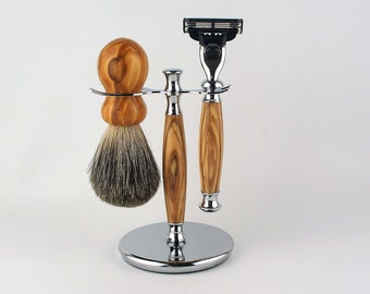 Hand-turned italian olivewood shaving set - razor, stand & badger hair brush