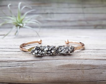 Raw Mineral Jewelry Rose Gold Bracelet Bridesmaid Gift Pyrite Bracelet Pyrite Jewelry Rose Gold Cuff Bracelet Christmas Gift for Women