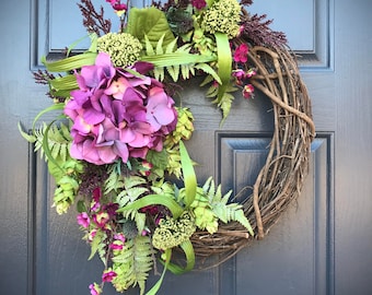 Spring Hydrangea Wreath, Spring Door Wreaths, Door Decor Spring, Wreaths for Spring, Gift for Her, Purple Wreaths, Housewarming, Summer