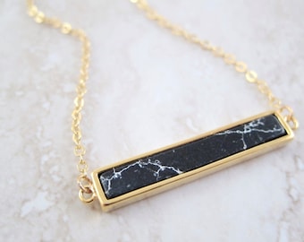 Black Marble Gold Bar Chain Necklace - Geometric Pendant