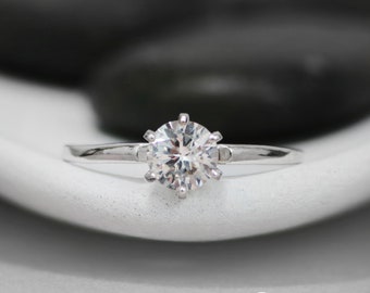 Classic White Sapphire Engagement Ring - Sterling Silver Sapphire Solitaire Ring - Vintage-Style Bridal Ring- Diamond Alternative Engagement