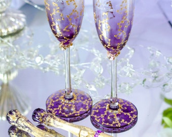 Plum & Gold Wedding Set, Wedding Glasses, Cake Cutting Set, Gold Cake Server, Lace Gold Wedding Toasting Flutes, th Wedding Anniversary Gift