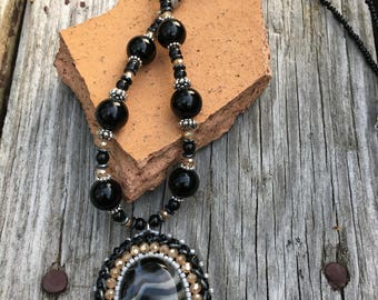 Botswana Agate beaded embroidery cabochon