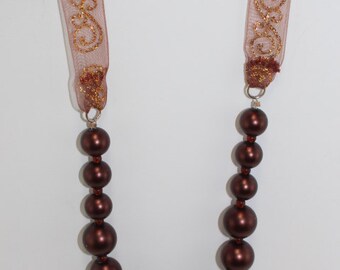Coffee Pearls and Ribbon Necklace