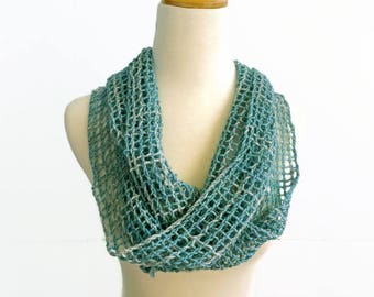 summer scarf, boho chic, blue green hand woven wrap, aqua accessory, fishnet scarf, spring scarf, lightweight scarf, handwoven by SpunWool