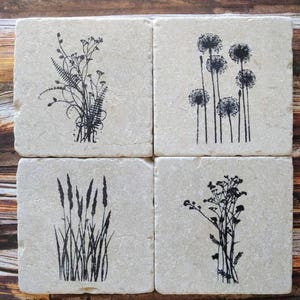Field Plants Stone Coaster Set, Plant Coasters, Dandelions, Grass, Flowers and Plants Coasters, Garden Enthusiast Gift, Nature Coasters