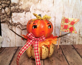 Pumpkin doll pumpkin centerpiece art doll vintage retro inspired fall decor autumn decor orange brown yellow anthropomorphic party decor