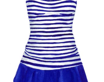 Blue And White Skirted Swimsuit Ready To Frame Print