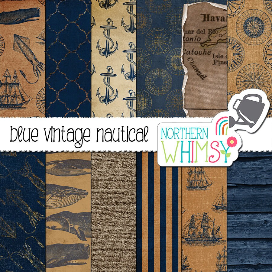 Vintage Nautical Digital Paper blue scrapbook paper with