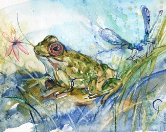 Original Frog watercolor Fine ARt Print Green Animal