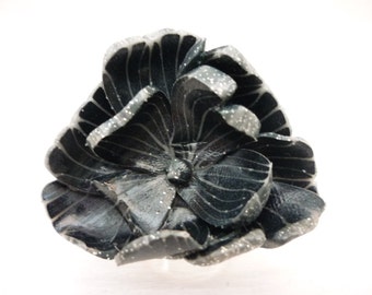 black silvered Flower ring polymer clay handmade " large