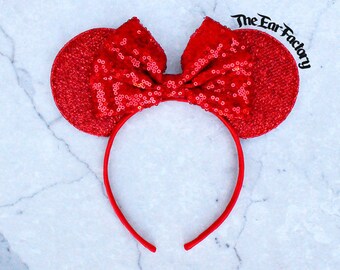 Red Disneyland Ears, Minnie Mouse Ears, Mickey Mouse Ears, Minnie Ears, Mickey Ears, Disney Ears, Red Sequin Bow, Disneyland Ears, Mickey