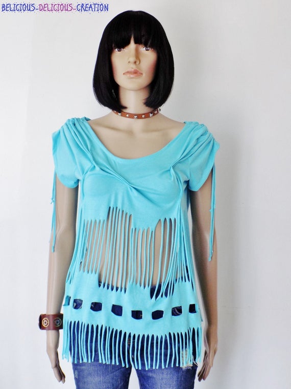 Originale T-shirt top Femme !! SLASHED !! EN Coton jersey,bleu Taille 38 / 40 long 64cm belicious-delicious-creation