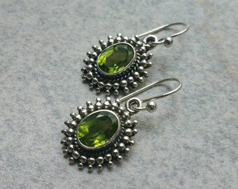 Sterling Silver Green Peridot Earrings, 925 Dangle Earrings, Gemstone Boho Earrings, Medieval Earrings, August Birthstone, Gift for Her