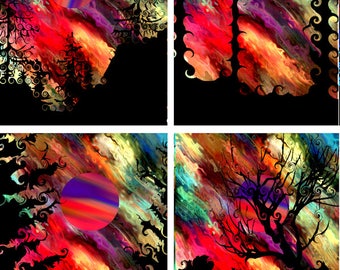 Artist Hand Created 6 Fabric 100% Cotton Sateen Art Prints Panel Landscape Moon Aurora Borealis Sunset Quilting