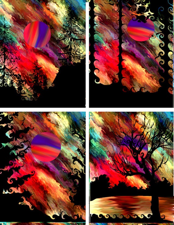 Artist Hand Created 6 Fabric 100% Cotton Sateen Art Prints Panel Landscape Moon Aurora Borealis Sunset Quilting