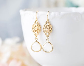 White Opal Glass Crystal Earrings, Gold Dangle Earrings, Gold Oriental Filigree Dangle Earrings, Wedding Bridal Earrings, Bridesmaid Gift