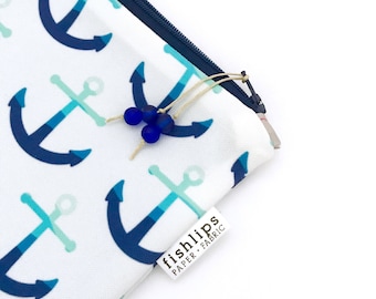 Anchor Wet Bag, Water Resistant Bikini Bag, Nautical Bag Zipper Pouch, Recycled Canvas Pouch, Wipe-able Handmade Gift for Mom, Diaper Mess