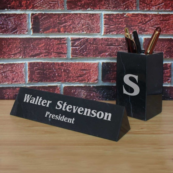 Design's Ultimate Black Marble Desk Set with Nameplate
