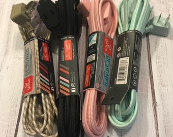 Fabric extension cord - 9 ft, 3 outlet - Several Colors Available