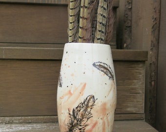 Golden Feathers, Ceramic Art Vase White Pink and Gold Woodland One of a Kind Home Decor, Handmade Artisan Pottery by Licia Lucas Pfadt